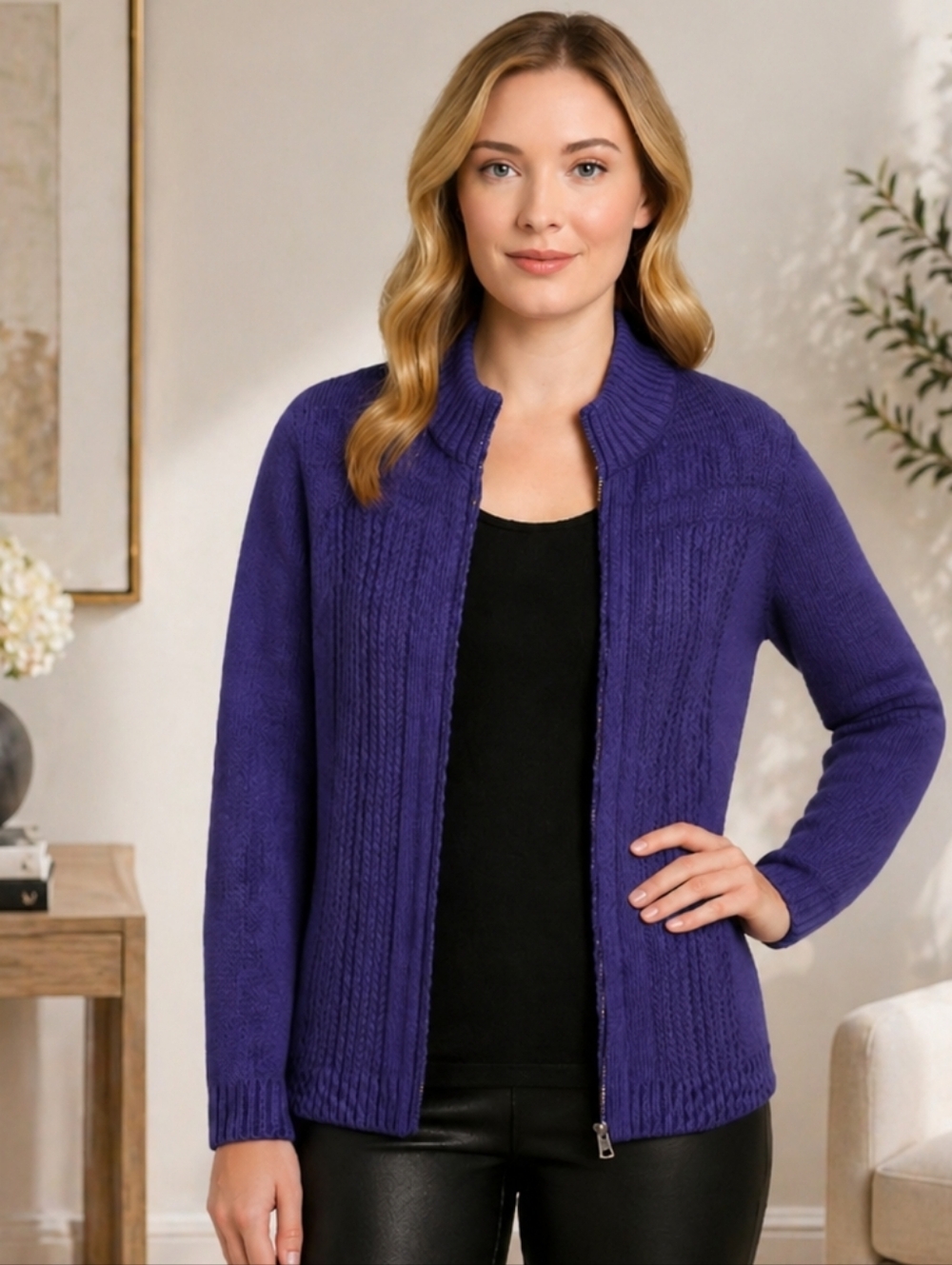 Christopher & Banks Deep Purple Zip Up Cardigan 100% Cotton Size XL